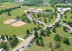 Aerial view of Hannibal Park during softball tournament