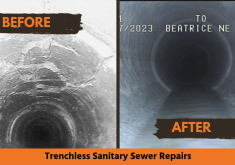 Before and after repairs to sanitary sewer line