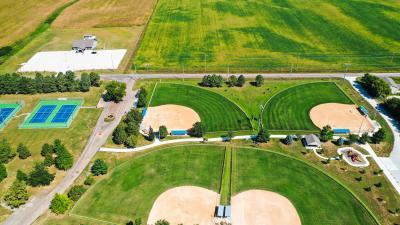 Aerial photo of tennis courts and ball fields at Hannibal Park