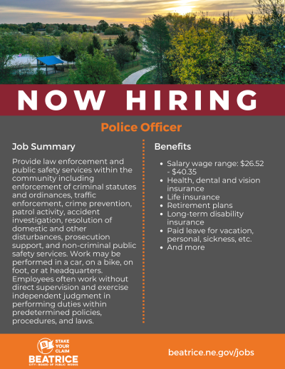 PD Hiring info with pic of a walking trail surrounded by trees and the sunset